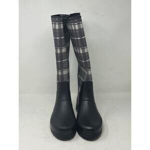 NEW RALPH LAUREN Woman's Bethania Rain Boots, Tall Black Grey Plaid (Size 9 B)